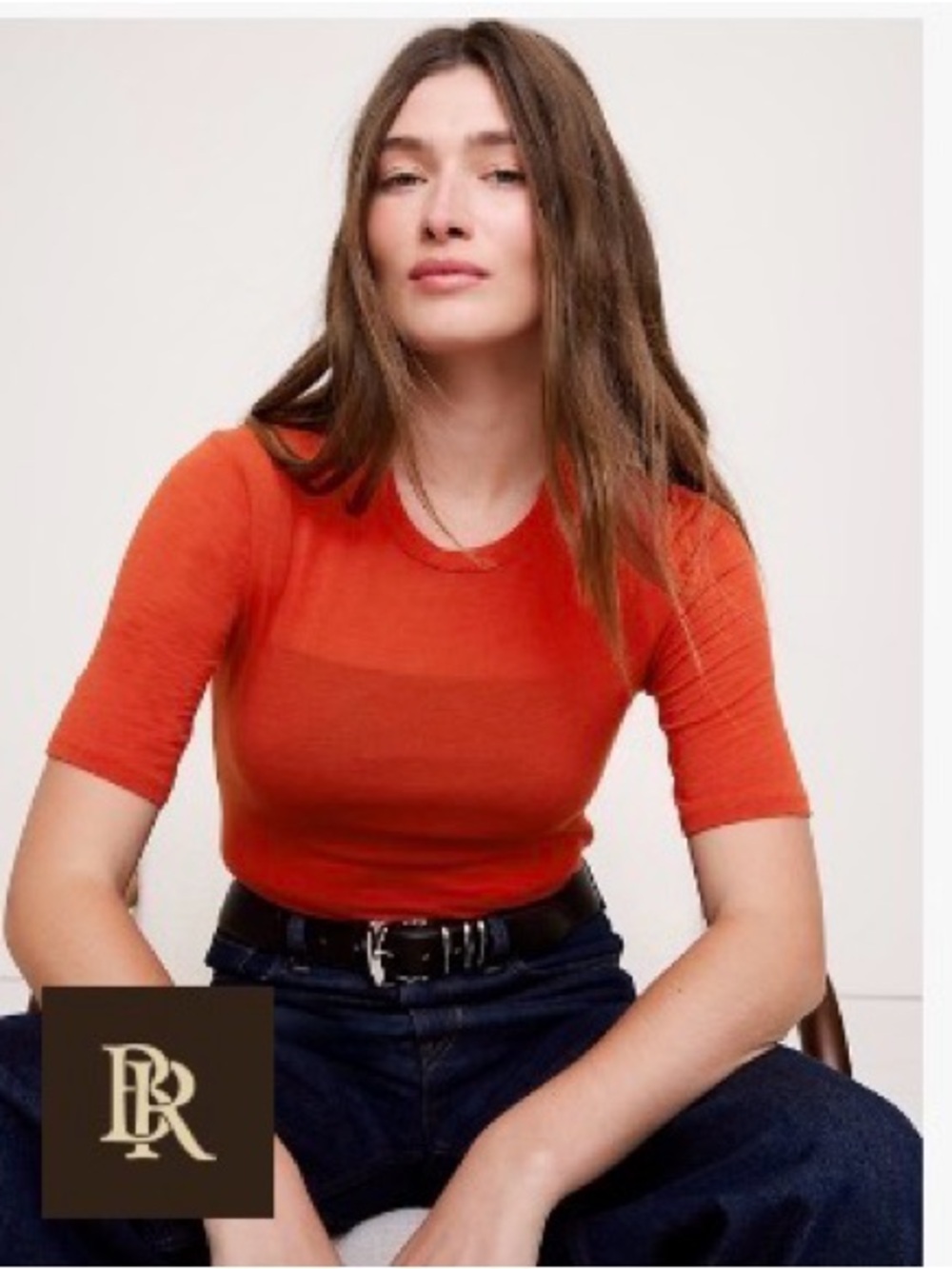 BR Short-Sleeve Knit crew top. A true autumn staple! Beautiful red orange color!